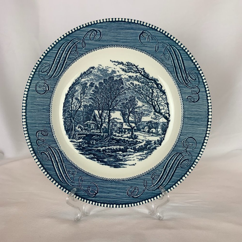 Royal Currier & Ives The Old Grist Mill 10" Blue Transferware Dinner Plate USA